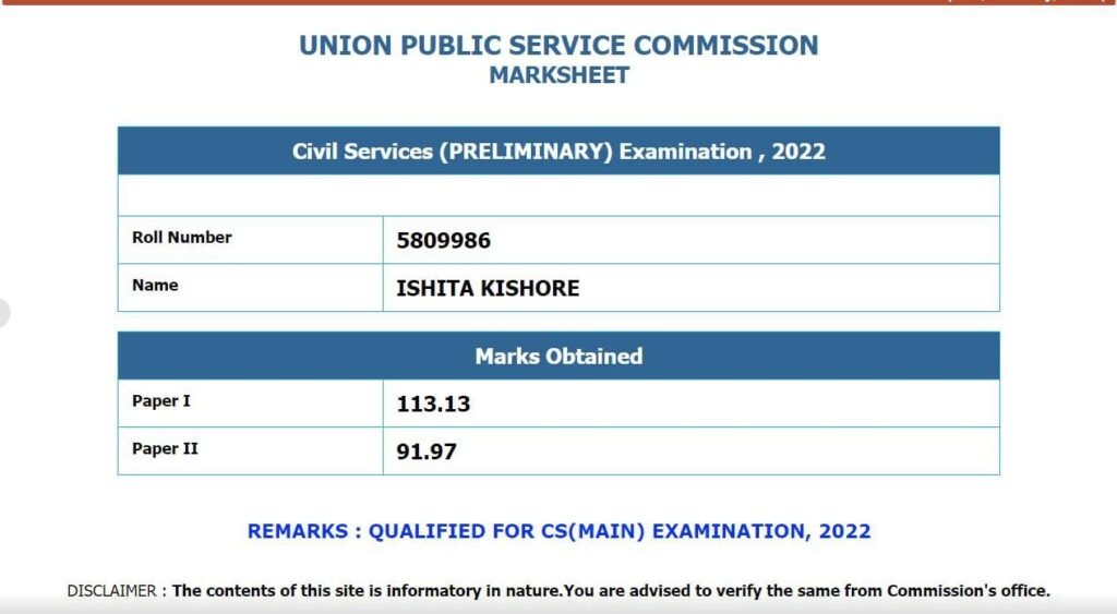 Ishita Kishore 2022, Prelims Marksheet AIR-1